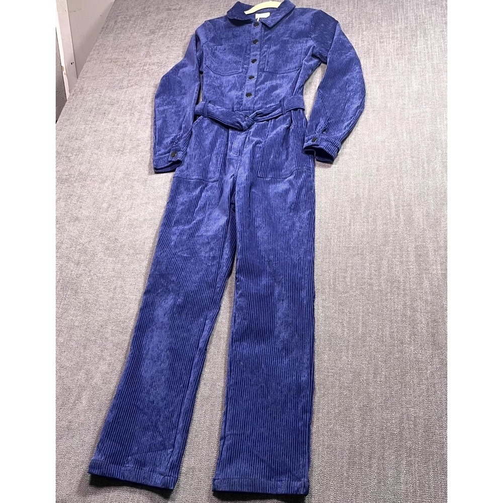 Garance Paris Klark Velvet Jumpsuit Womens Small Blue Belted Utility Straight
